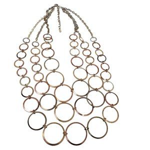 Triple Strand Necklace Circle Stainless Steel Chain Link Tri-Colored Metal 16"